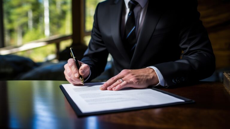 Legal professional signing and reviewing contract details, with - G Construction